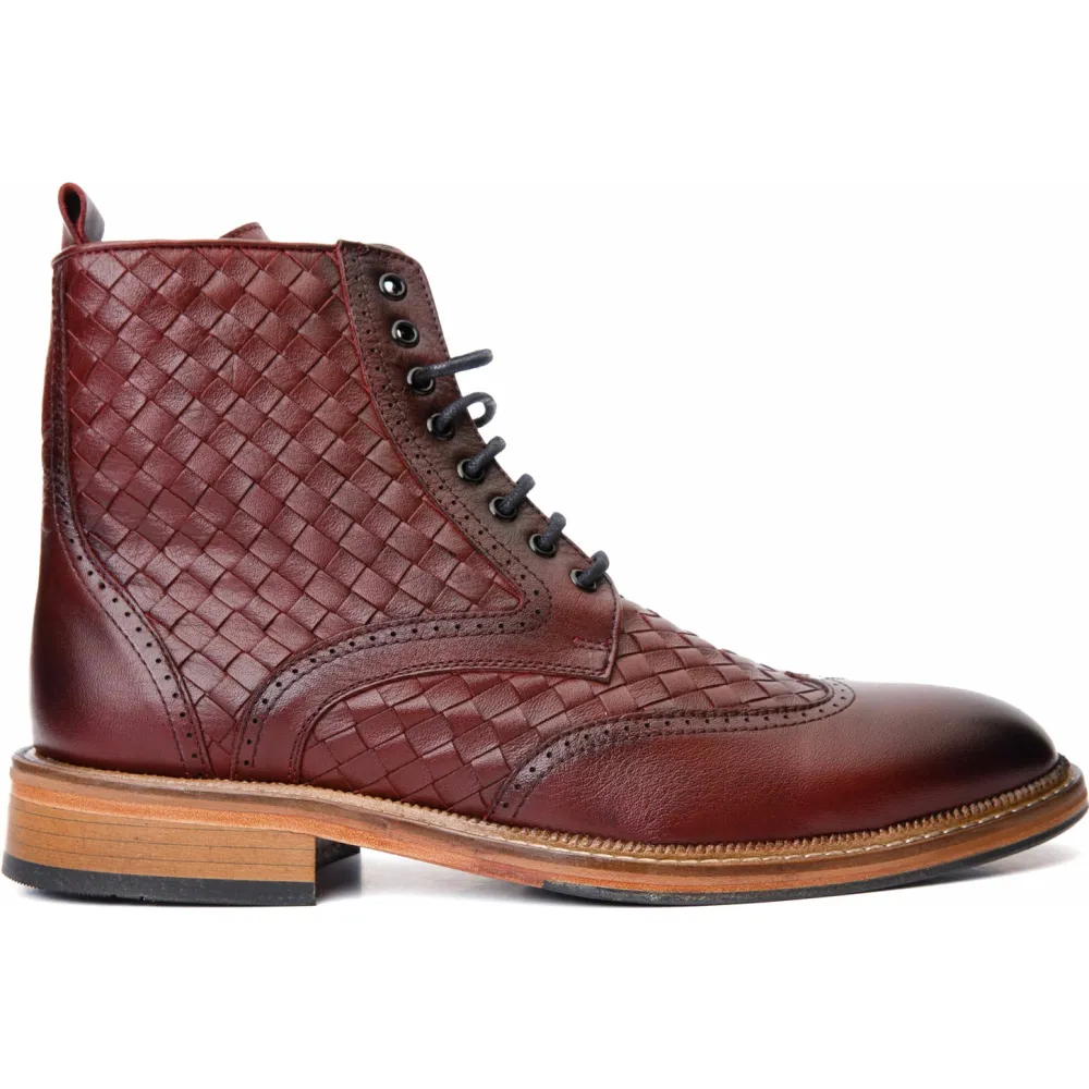 Vinci Leather The Loddon Burgundy Leather Wingtip Brogue Handwoven Lace-up Boot With A Zipper (14553)