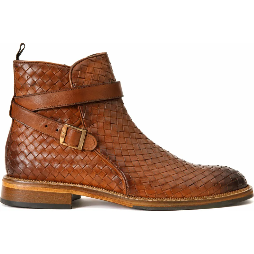 Vinci Leather The Morral Brown Handwoven Leather Cross Strap Buckle Zip-up Boot (14552 T-2)