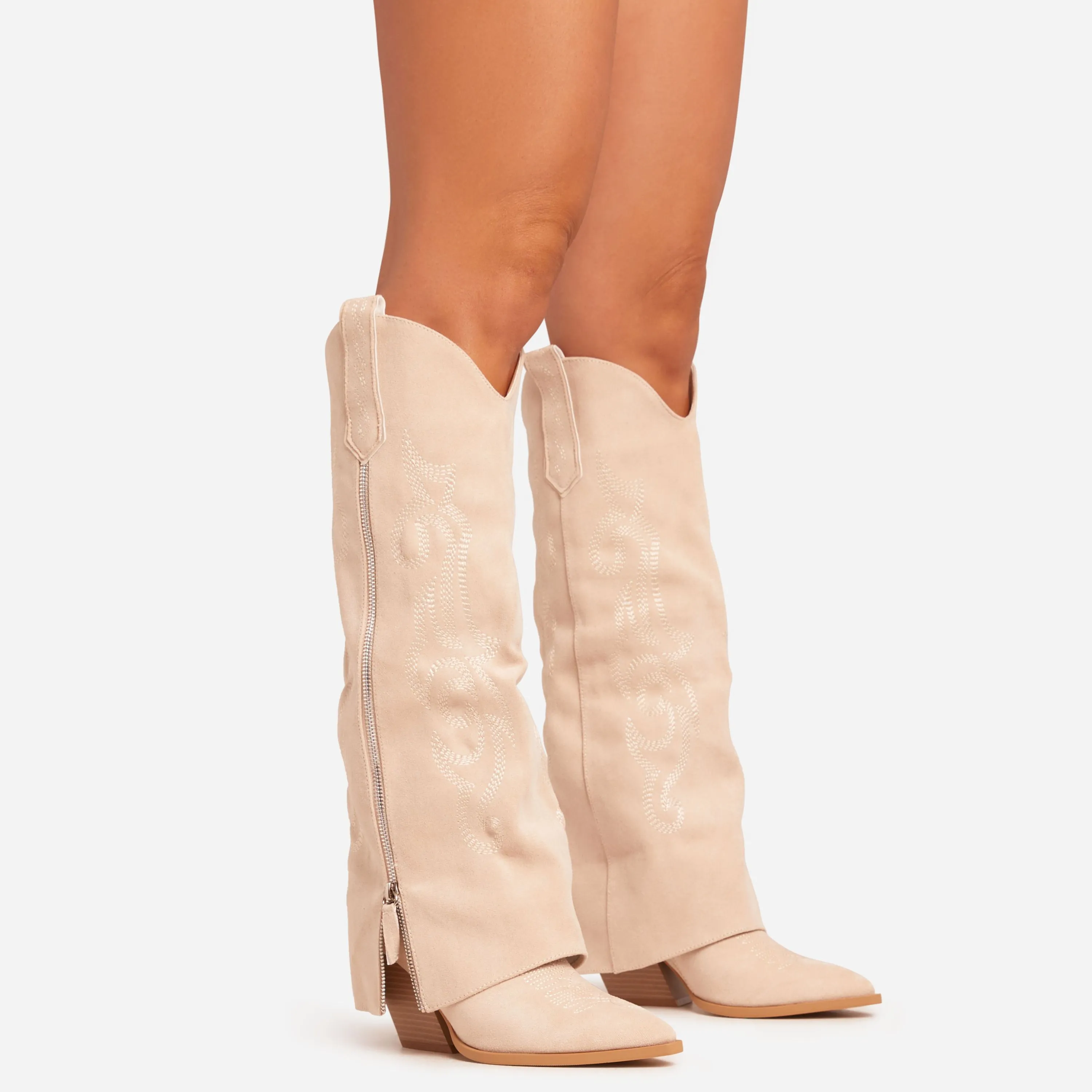 Vivian Embroidered Side Zip Detail Pointed Toe Knee High Western Cowboy Boot In Nude Faux Suede