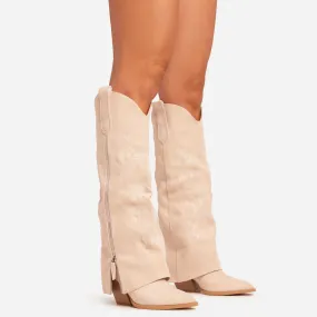 Vivian Embroidered Side Zip Detail Pointed Toe Knee High Western Cowboy Boot In Nude Faux Suede