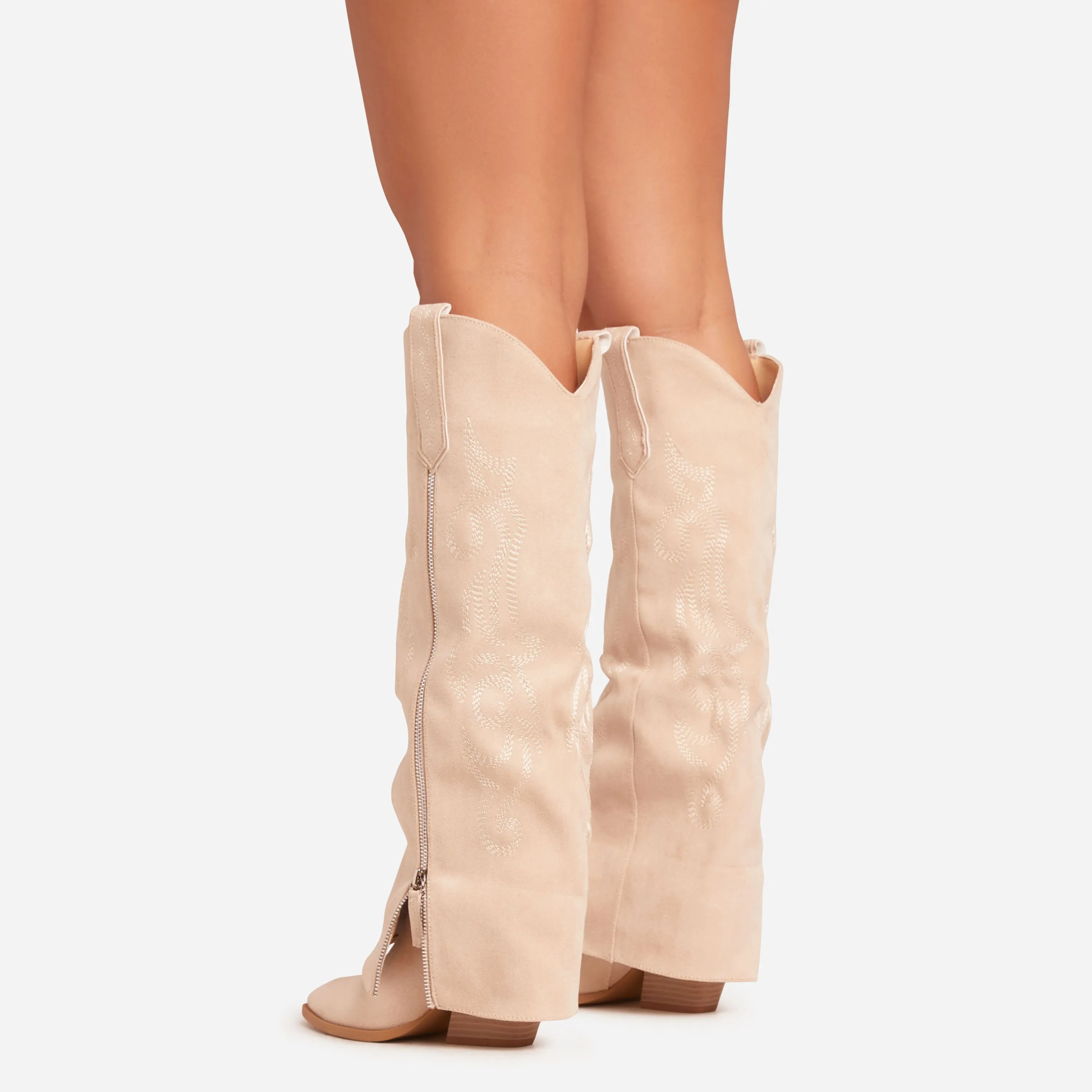 Vivian Embroidered Side Zip Detail Pointed Toe Knee High Western Cowboy Boot In Nude Faux Suede