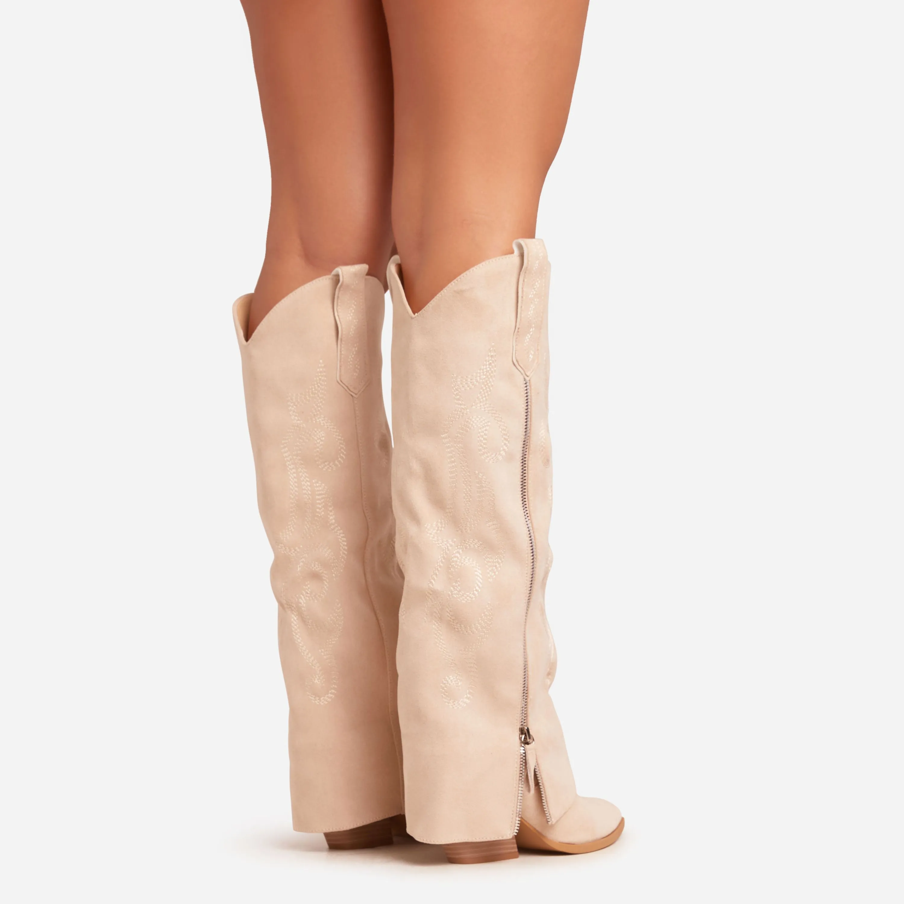 Vivian Embroidered Side Zip Detail Pointed Toe Knee High Western Cowboy Boot In Nude Faux Suede