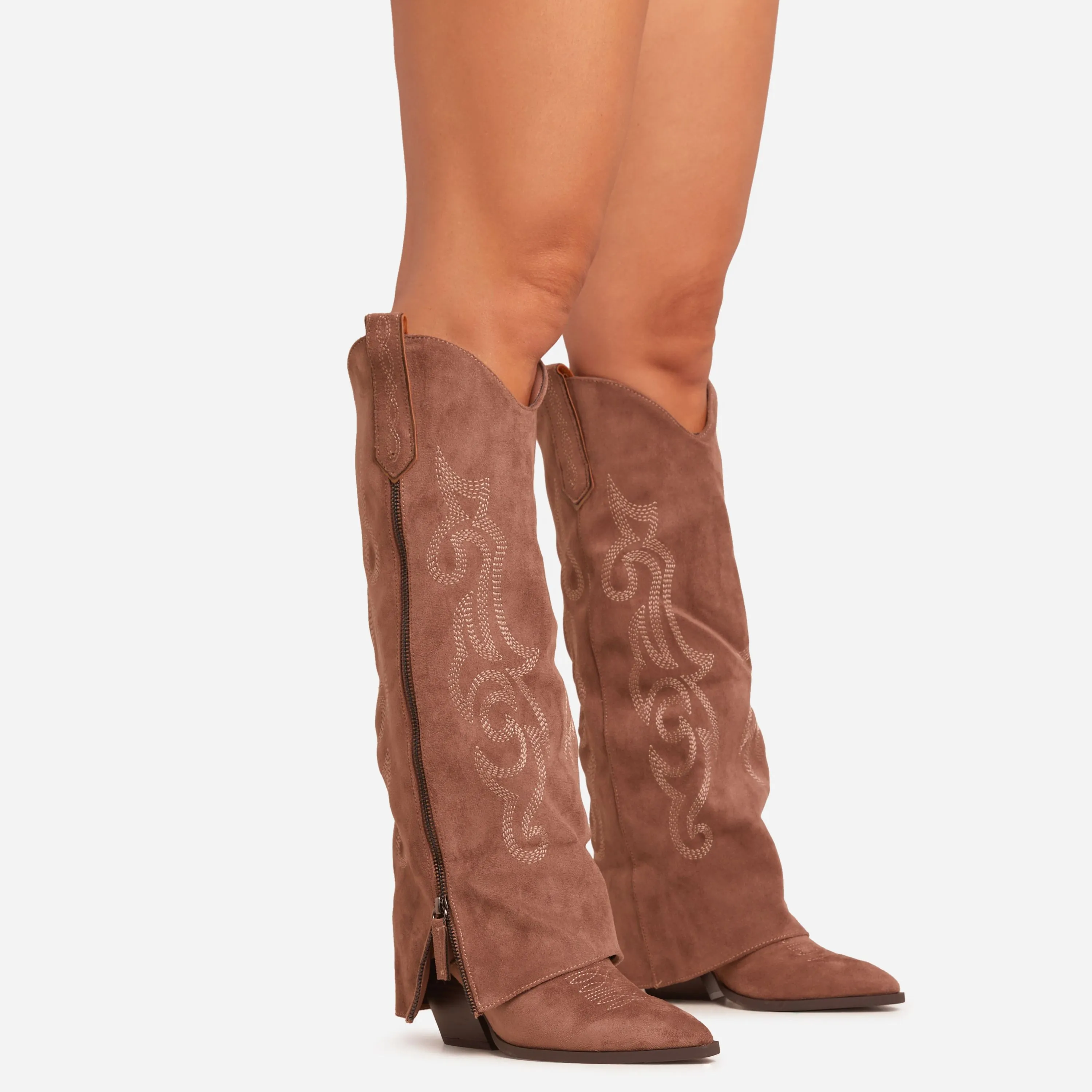 Vivian Embroidered Side Zip Detail Pointed Toe Knee High Western Cowboy Boot In Taupe Faux Suede