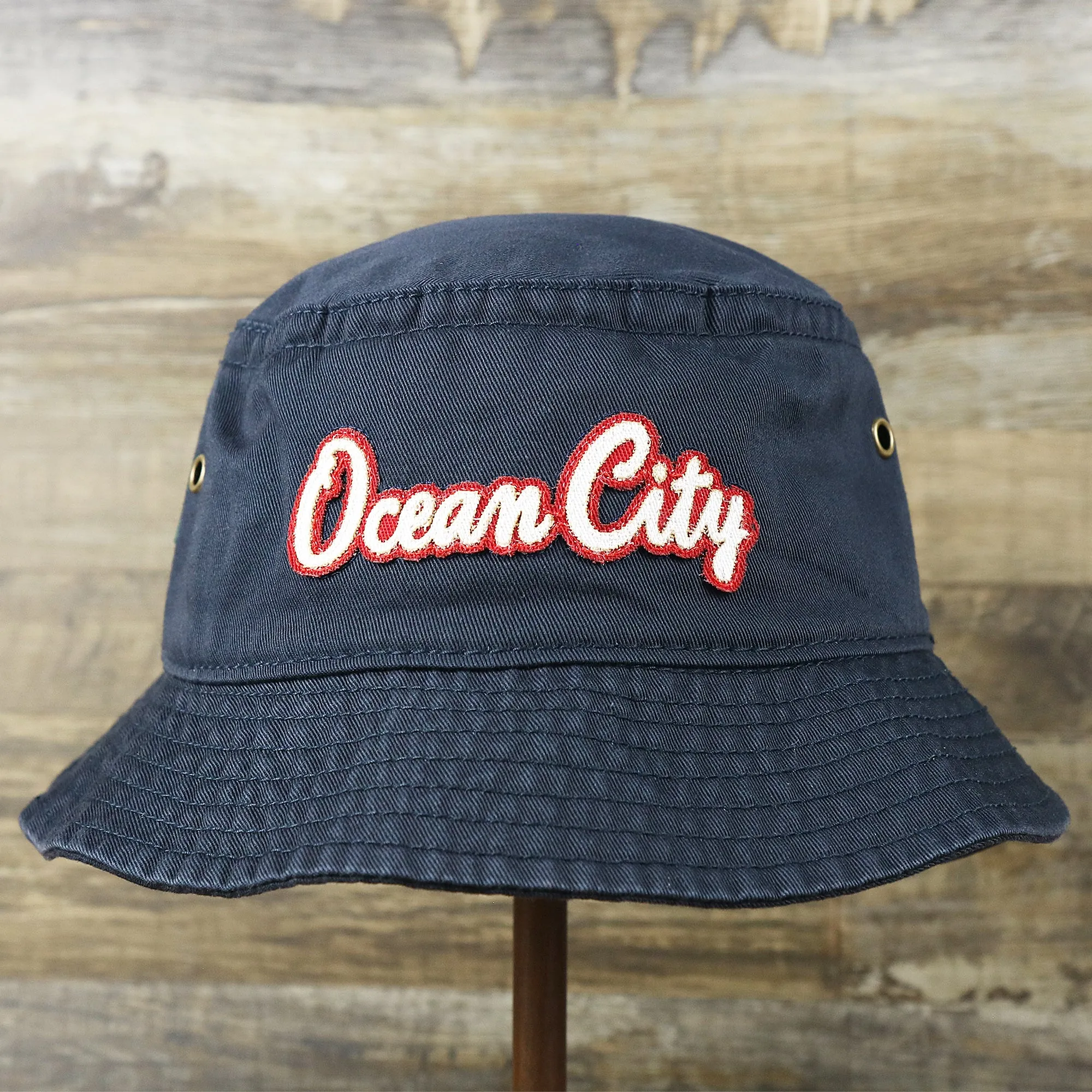 White OCNJ Double Wordmark Red Outline Bucket Hat | Navy Bucket Hat