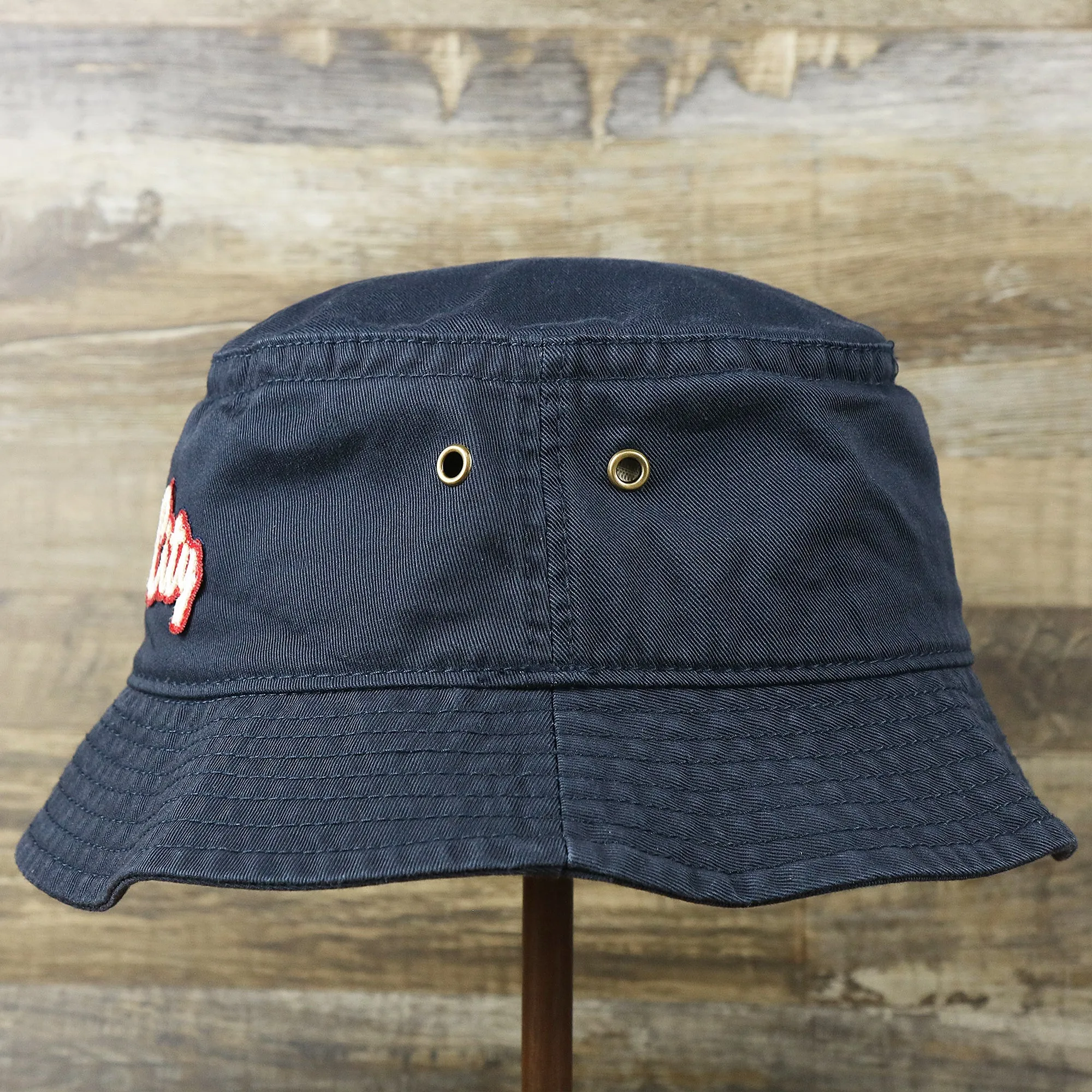 White OCNJ Double Wordmark Red Outline Bucket Hat | Navy Bucket Hat