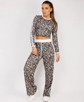 White Striped Leopard Print Ribbed Crop Top & Trousers Loungewear Set