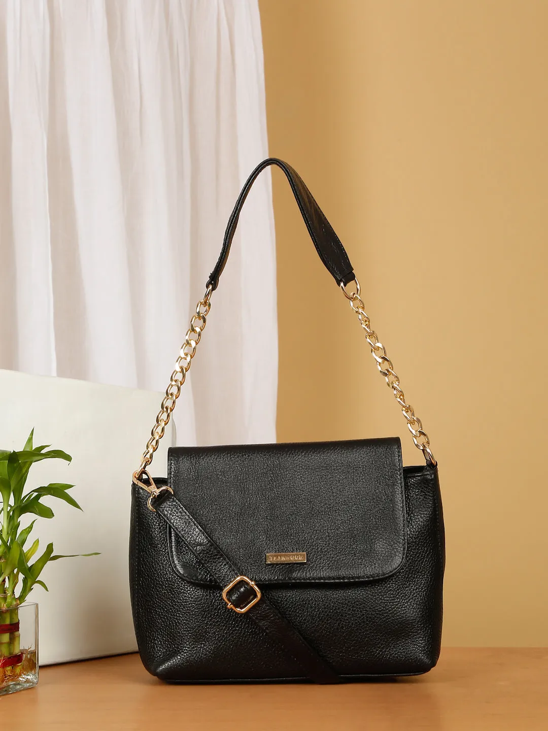 Women Black Texture Leather Sling bag