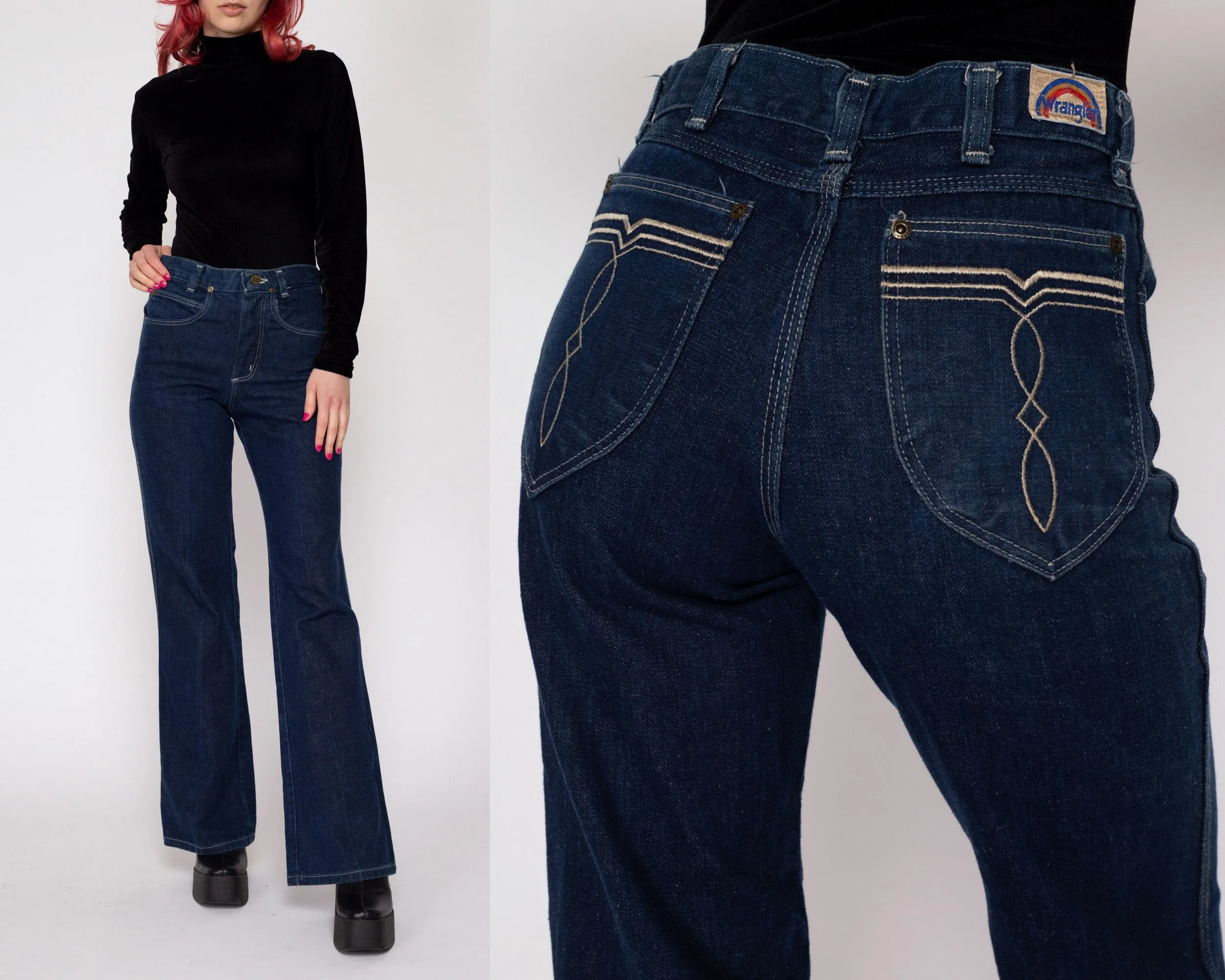 XS 70s Wrangler Dark Wash Rainbow Tag Flared Jeans