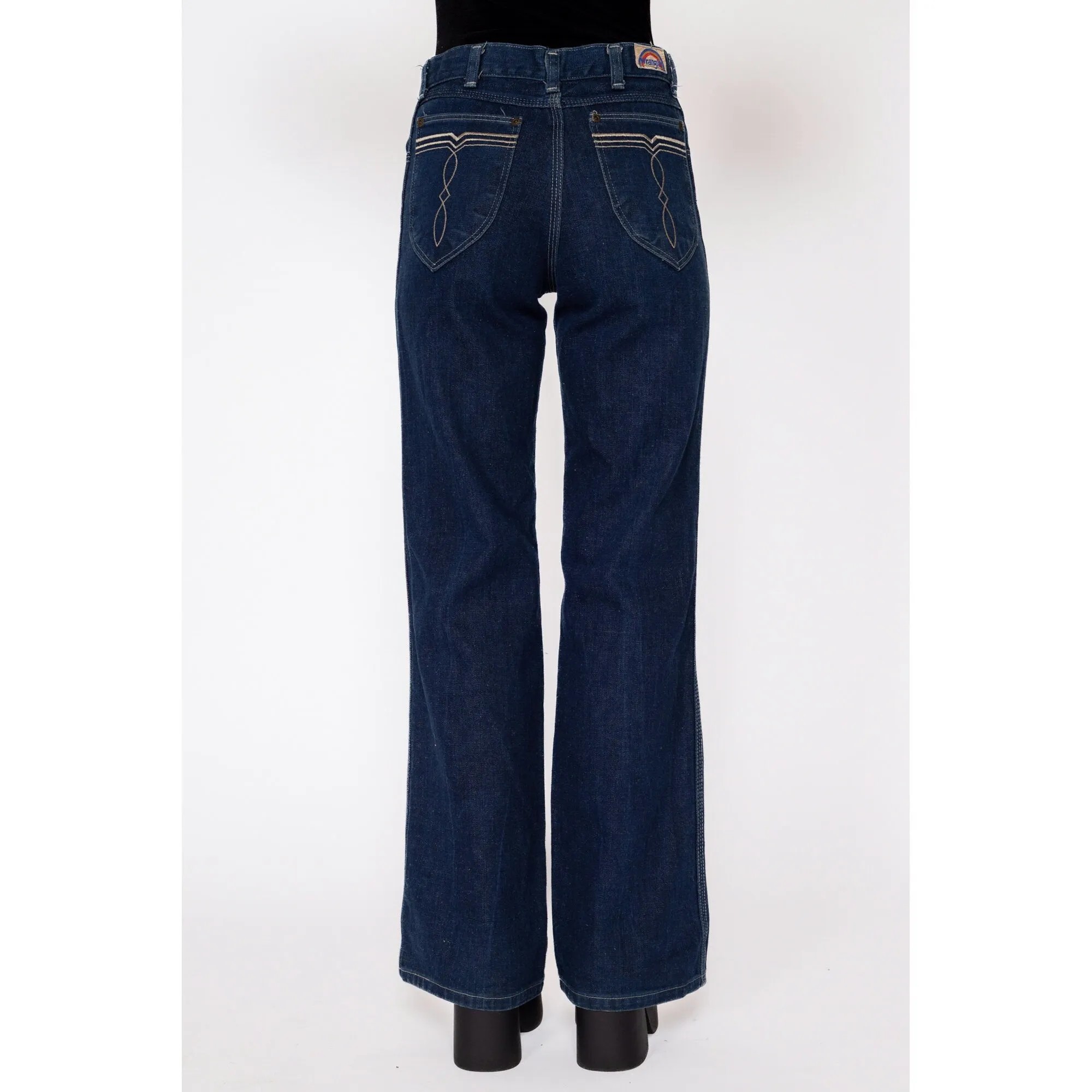 XS 70s Wrangler Dark Wash Rainbow Tag Flared Jeans